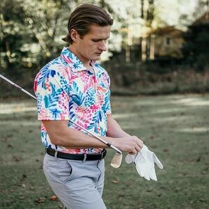NWT Gashouse Men’s Golf Polo Pineapple Paradise, Size Large, Bright, Abstract